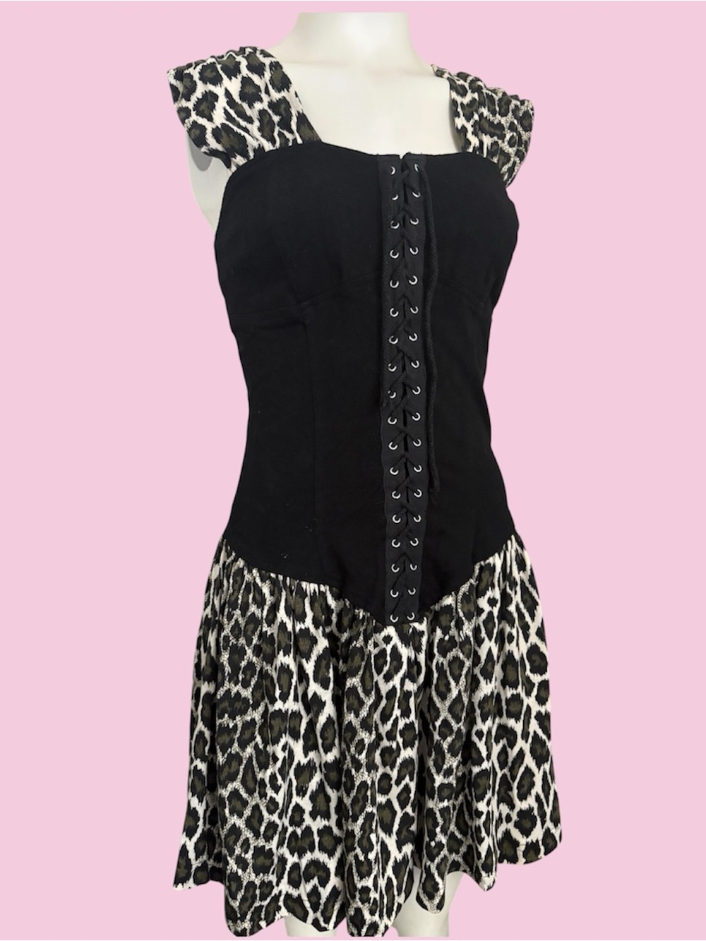 Vintage 80’s Contempo Casuals Leopard Print Corset Laced Mini Party Dress S - M